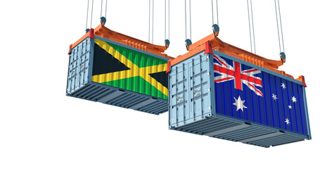 Freight containers with Australia and Jamaica national flags. 3D Rendering