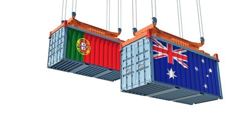 Freight containers with Australia and Portugal national flags. 3D Rendering