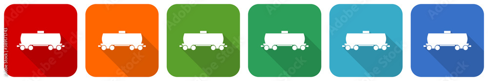 Poster fuel cistern wagon, train icon set, flat design vector illustration in 6 colors options for webdesig