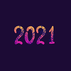 Vector Hand number lettering of 2021. Happy New Year of the Ox. Greeting card design for holiday. Vector illustration
