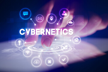 Finger touching tablet with web technology icons and CYBERNETICS inscription, web technology concept