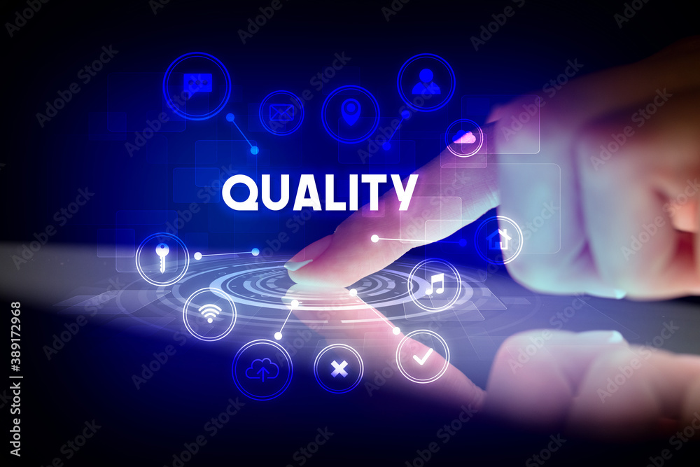 Poster finger touching tablet with web technology icons and quality inscription, web technology concept