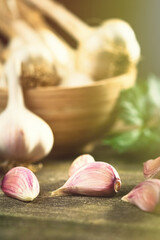 Fresh ripe garlic cloves and bulbs and celery leaves in bowl on old wooden table. Healthy organic food, vitamins, BIO viands, natural background. Copy space for your advertising text message