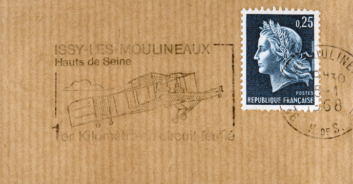 Briefmarke stamp gestempelt used frankiert gebraucht cancel vintage retro alt old slogan flugzeug plane aeroplane aviation issy-les-moulineaux frau profil