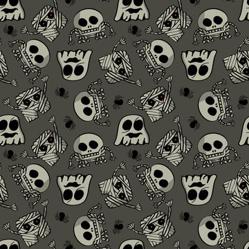 Seamless endless pattern texture with a pattern of scary skeletons, ghosts, mummies and spiders. Halloween background.