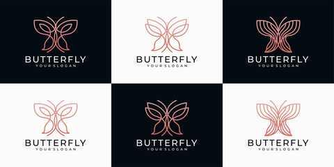 Butterfly logo design template with line art