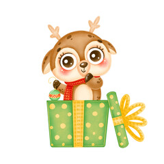 Illustration of a cute cartoon christmas deer wearing a red scarf holding a christmas tree toy in a green gift box isolated on white background