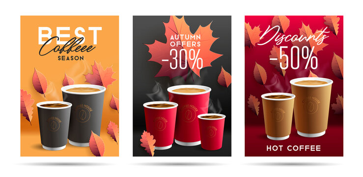 Set of posters for take away coffee point with promo discounts, autumn coloured leaves illustration and paper mugs, isolated
