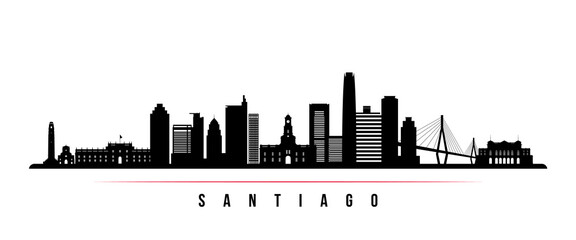 Naklejka premium Santiago skyline horizontal banner. Black and white silhouette of Santiago City, Chile. Vector template for your design.