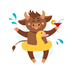 Vector illustration of cow, ox or bull swimming in inflatable circle and relaxing in pool with cocktail glass. Year of bull 2021 concept.  Leisure time, summer holiday