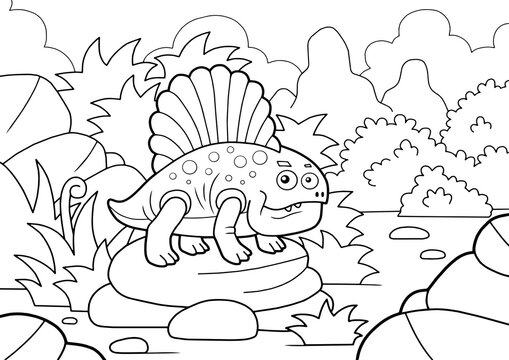 cartoon cute dinosaur dimetrodon, coloring book, funny illustration