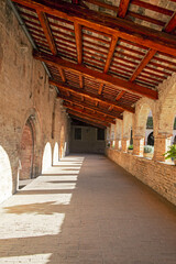 Panoramic view of the courtyard at the kiosk of the Abbadia di Fiastra, in Italy.