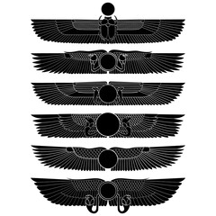 vector monochrome icon set with ancient egyptian symbol Winged sun for your project - obrazy, fototapety, plakaty
