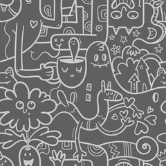 Seamless surreal pattern with cute cartoon monsters on  dark background. Wallpapers with various creatures. Print with funny doodle snakes and dragons.