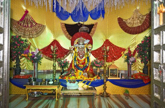 White stone sculpture of Hindu Goddess Ashapura Mata at a temple in Beawar. Ashapura is Clan Deity of King Prithviraj Chauhan. She is Goddess who fulfills wish & desires of all those who trust her. 