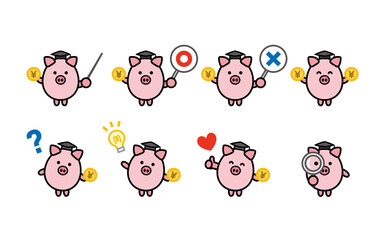 日本円を持った貯金ブタ博士　キャラクター　貯蓄について教える　（線あり）