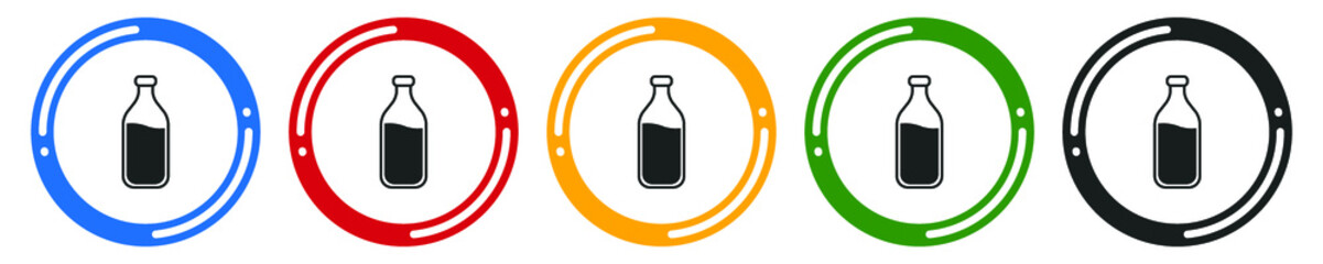Milk bottle flat icon set. flat design vector illustration in 5 colors options for web design 
