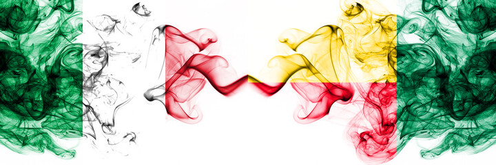 Italy vs Benin, Beninese smoky mystic flags placed side by side. Thick colored silky abstract smoke flags