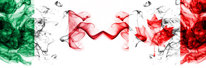 Italy vs Canada, Canadian smoky mystic flags placed side by side. Thick colored silky abstract smoke flags