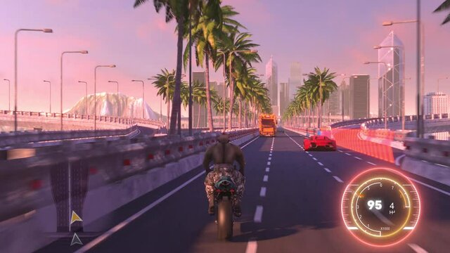 Speed Moto Bike Racing 3d Video Game Imitation With Interface. Bikes Compete On The City Bridge Road. Gameplay Screen. Game Over