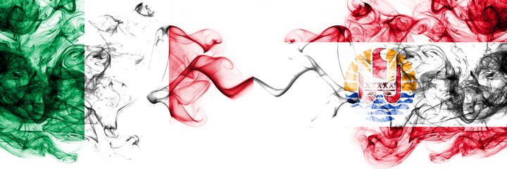 Italy vs French Polynesia smoky mystic flags placed side by side. Thick colored silky abstract smoke flags