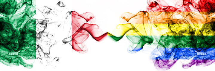 Italy vs Gay pride smoky mystic flags placed side by side. Thick colored silky abstract smoke flags