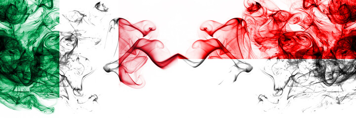 Italy vs Indonesia, Indonesian smoky mystic flags placed side by side. Thick colored silky abstract smoke flags