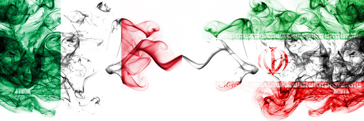 Italy vs Iran, Iranian smoky mystic flags placed side by side. Thick colored silky abstract smoke flags