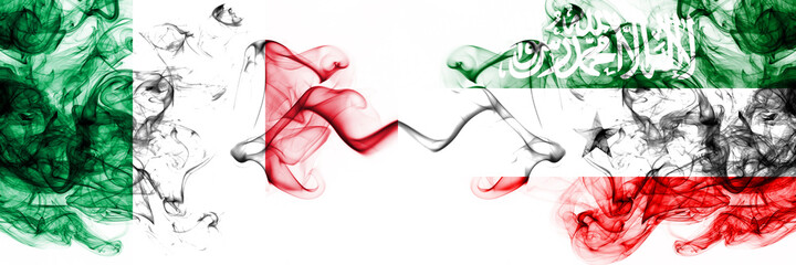 Italy vs Somaliland smoky mystic flags placed side by side. Thick colored silky abstract smoke flags