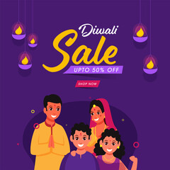 UP TO 50% Off For Diwali Sale Poster Design With Happiness Family Character.