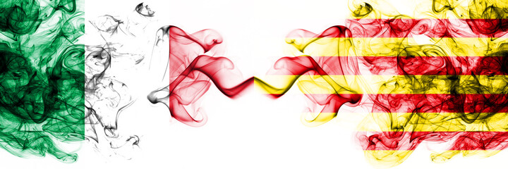 Italy vs Spain, Catalonia, Catalan, Senyera smoky mystic flags placed side by side. Thick colored silky abstract smoke flags