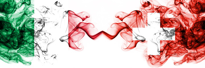 Italy vs Switzerland, Swiss smoky mystic flags placed side by side. Thick colored silky abstract smoke flags