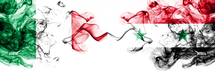 Italy vs Syria, Syrian smoky mystic flags placed side by side. Thick colored silky abstract smoke flags