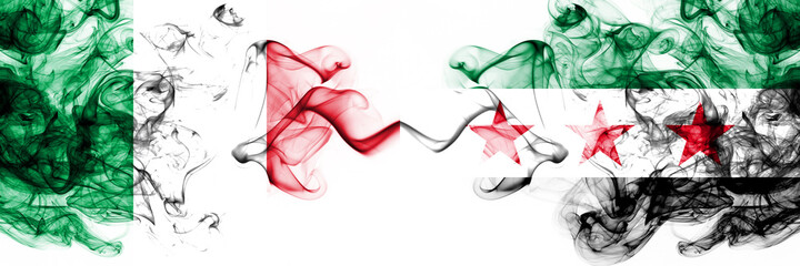 Italy vs Syria, Syrian Arab Republic, opposition smoky mystic flags placed side by side. Thick colored silky abstract smoke flags