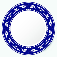 Round Frame, workpiece for your design. Ornamental elements and motifs of Kazakh, Kyrgyz, Uzbek, national Asian decor for plate, textile and print design. Circle frame. Vector. 