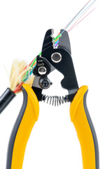 Stripper tool and optical fiber cable isolated white background