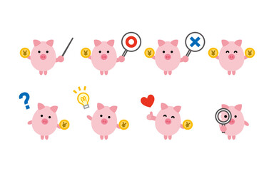 日本円を持った貯金ブタ　キャラクター　貯蓄について教える