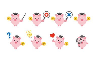 日本円を持った貯金ブタ博士　キャラクター　貯蓄について教える