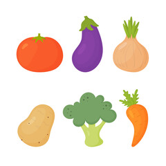 Cartoon vegetables set: tomato, eggplant, onion, potato, broccoli, carrot. Vector illustration isolated on white background.