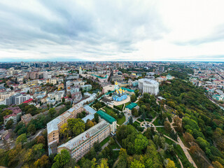 Aerial view of St. Michael Golden-Domed Monastery, Ministry of Foreign Affairs and the Dnieper River in Kiev Ukraine, Eastern Europe