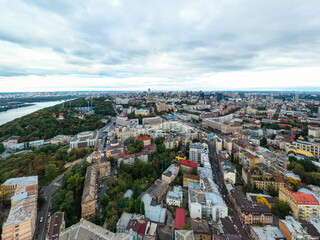 Aerial top view of St Sophia cathedral and Kiev city skyline from above, Kyiv cityscape, capital of Ukraine