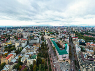 Fototapeta na wymiar Aerial top view of St Sophia cathedral and Kiev city skyline from above, Kyiv cityscape, capital of Ukraine