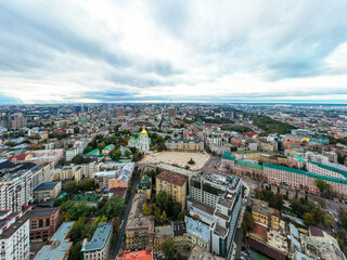 Aerial top view of St Sophia cathedral and Kiev city skyline from above, Kyiv cityscape, capital of Ukraine