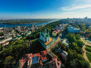 Aerial top view of Saint Andrew's church and Andreevska street from above city of Kyiv, Ukraine