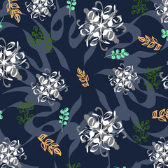 White abstract floral patterns on the dark blue background.