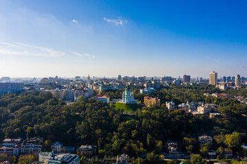 Aerial top view of Saint Andrew's church and Andreevska street from above, Podol district, city of...