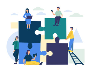 People connect the parts of the puzzle. Business concept of teamwork. Successful cooperation and partnership. Timbling design. vector flat illustration.