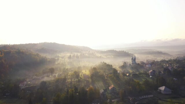 Drone view of beautiful Breb village in sunrise.