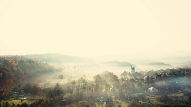 Drone view of beautiful Breb village in sunrise.