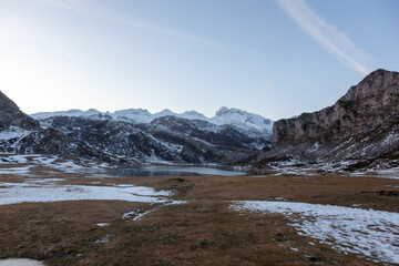 View of mountains landscape. Ercina mountain lake, Covadonga, National Park of Picos de Europa, Asturias, Spain